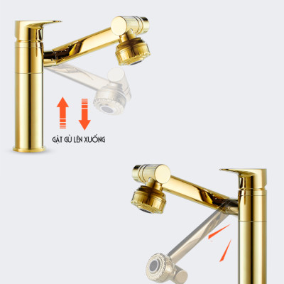 Vòi rửa mặt Lavabo cổ xoay 720 độ đa chiều, củ đồng, thân cao, mạ vàng, điều chỉnh nhiều chế độ tia nước Minh House