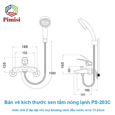 Sen Tắm Nóng Lạnh Pimisi PS-203C Đồng Thau Mạ Crom - Niken Sáng Bóng, Đủ Phụ Kiện Vòi Hoa Sen Tăng Áp Nhẹ - Dây Sen Tắm Inox - Chân Chữ Z - Cài Tay Bát Sen, Điều Chỉnh Nước Bằng Củ Gật Gù Gắn Tường Nhà Tắm | Hàng Chính Hãng