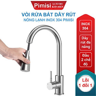 Vòi rửa bát nóng lạnh dây rút inox 304 Pimisi dùng cho chậu rửa chén bát trong nhà bếp gắn chậu với đầu vòi 2 chế độ nước tăng áp và dây rút mềm tiện lợi đa năng | Hàng chính hãng