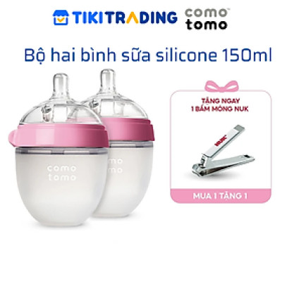 Bộ hai bình sữa silicone Comotomo 150ml - Hồng Tặng Bấm móng sơ sinh NUK