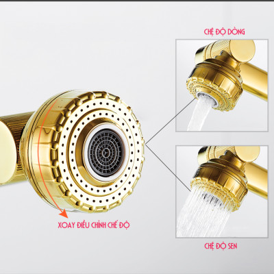 Vòi rửa mặt Lavabo cổ xoay 720 độ đa chiều, củ đồng, thân cao, mạ vàng, điều chỉnh nhiều chế độ tia nước Minh House