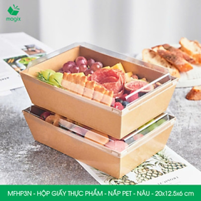 MFHP3N - 20x12.5x6 cm - 25 hộp giấy kraft thực phẩm màu nâu nắp Pet, hộp giấy chữ nhật đựng thức ăn, hộp bánh nắp trong