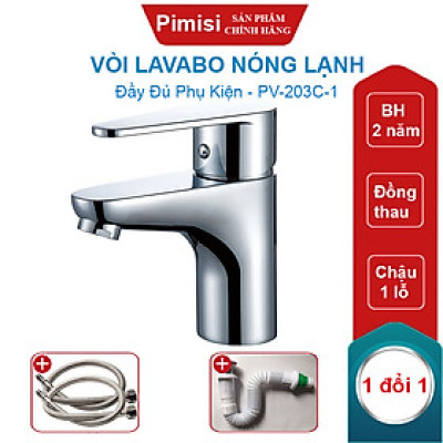 Vòi Lavabo Nóng Lạnh Pimisi PV-203C-1 Đồng Thau Mạ Xi Sáng Bóng, Dùng Cho Chậu Rửa Mặt 1 Lỗ Ở Phòng Tắm - Điều Chỉnh Nước Bằng Gật Gù Gắn Trên Bồn Chậu Rửa Treo Tường Hay Chậu Mặt Bàn Đá, Với Đầy Đủ Phụ Kiện Xi Phông Và Dây Cấp Nước | Hàng Chính Hãng