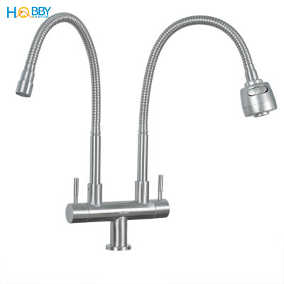 Vòi rửa chén lạnh 2 đầu xả vòi tăng áp inox 304 HOBBY Home Decor LX2D