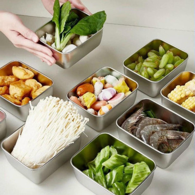 Hộp Đựng Thực Phẩm Tủ Lạnh, Đồ Ăn Bằng Inox 304 Có Nắp Nhựa Kèm Theo Tiện Lợi (135x105x58 mm)