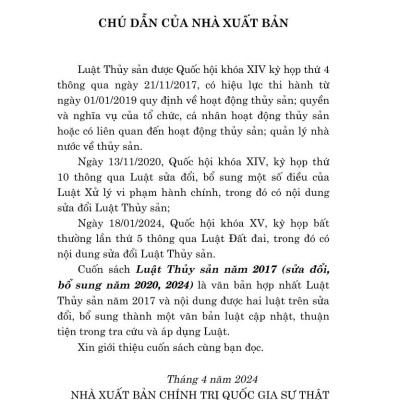 Luật thủy sản năm 2017 sửa đổi, bổ sung năm 2020, 2024 (bản in 2024)