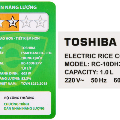 Nồi cơm điện tử Toshiba RC-10DH2PV(W) - Dung tích 1.0 Lít - Lòng nồi dày 2.2 mm - Nồi giữ ấm 12 tiếng - Hàng chính hãng
