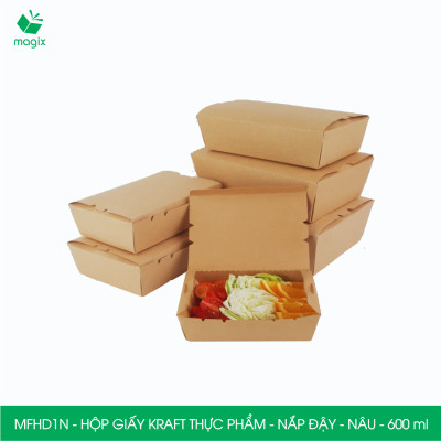 MFHD1N - Combo 25 hộp giấy kraft thực phẩm 600ml, hộp đựng thức ăn nắp đậy màu nâu, hộp gói đồ ăn mang đi