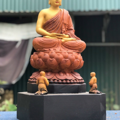 Tượng phật adi đà ngồi đài sen bằng gỗ hương tô mầu giả cổ kt 50×26×26cm