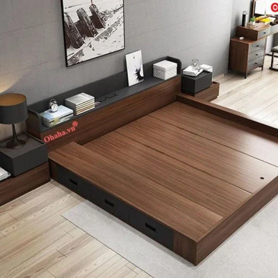 [Miễn phí vận chuyển & lắp đặt] Giường ngủ bệt thông minh kiểu Nhật cao cấp có 2 tap đầu giường và hộc kéo Ohaha - GB004