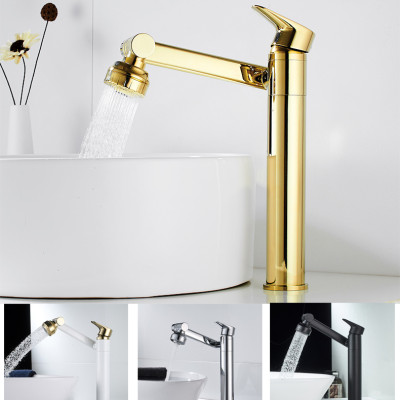 Vòi rửa mặt Lavabo cổ xoay 720 độ đa chiều, củ đồng, thân cao, mạ vàng, điều chỉnh nhiều chế độ tia nước Minh House