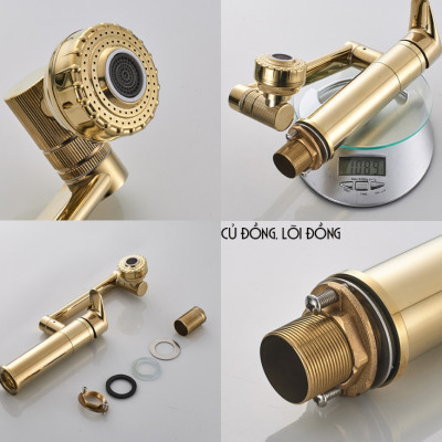 Vòi rửa mặt Lavabo cổ xoay 720 độ đa chiều, củ đồng, thân cao, mạ vàng, điều chỉnh nhiều chế độ tia nước Minh House