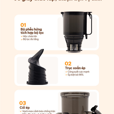 Máy ép chậm Comet CM9616 – Công suất 200W, dung tích 600ml, ép kiệt bã 98%, miệng ép lớn 108mm – Hàng chính hãng bảo hành 12 tháng 