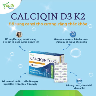 Viên Uống Calciqin D3 K2 Youth Pharma Giúp Xương, Răng Chắc Khỏe - Hộp 30 Viên