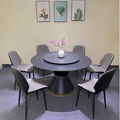 Bộ bàn ghế phòng ăn Tundo mặt tròn xoay đá ceramic kèm 6 ghế