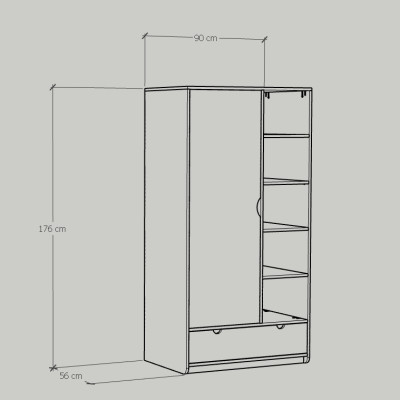 [Happy Home Furniture] CIRCLE, Tủ quần áo 1 cửa mở, 90cm x 56cm x 176cm ( DxRxC), TCM_072