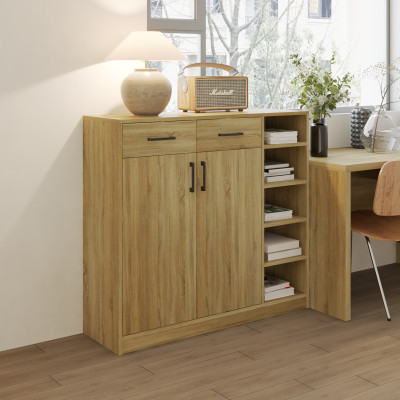HAPPY FURNITURE , HEINEE - Tủ lưu trữ 2 cửa mở 2 ngăn kéo, TCM_215 , 110cm x 34cm x 100cm DxRxC, sản phẩm phổ thông