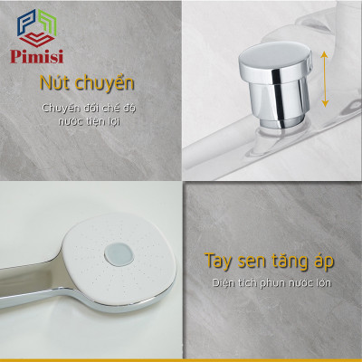 Sen Tắm Nóng Lạnh Pimisi PS-203C Đồng Thau Mạ Crom - Niken Sáng Bóng, Đủ Phụ Kiện Vòi Hoa Sen Tăng Áp Nhẹ - Dây Sen Tắm Inox - Chân Chữ Z - Cài Tay Bát Sen, Điều Chỉnh Nước Bằng Củ Gật Gù Gắn Tường Nhà Tắm | Hàng Chính Hãng