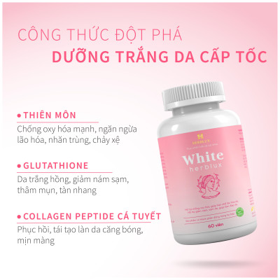 Viên Uống Trắng Da WHITE HERBLUX Chống Lão Hóa Dưỡng Cấp Ẩm Da Mặt Body Căng Bóng Giảm Thâm Nám Tàn Nhang Mụn Bổ Sung Collagen Đông Trùng Hạ Thảo Tăng Nội Tiết Tố Nữ