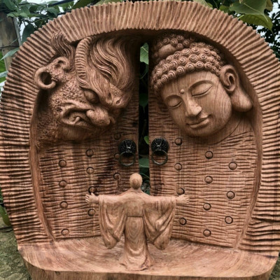 Tượng cánh cửu thiện ác bằng gỗ hương đá liền khối  kt 24×25×7cm