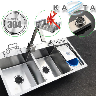 Combo Chậu Kèm Vòi Rửa Chén Bát Inox Kazta CB10048H - Chậu có hố rác đủ xi phông, vòi thân vuông, khay cài dao thớt, vòi hút xà phòng, rổ rút gác chậu