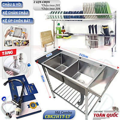 COMBO Chậu Rửa Bát 2 Hộc Có Chân Kèm Kệ Úp Chén Đa Năng - Gồm chậu, kệ úp chén, vòi lạnh Luxta, tặng rổ rút, vòi hút xà bông