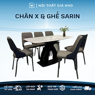Bàn ăn mặt đá ceramic bóng chân chéo chữ x cong kết hợp ghế Sarin