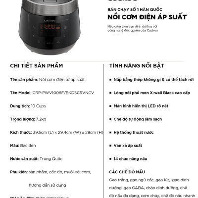 Nồi cơm điện tử áp suất Cuckoo 1.8L CRP-PWV1008F- Lòng nồi phủ men - Hàng chính hãng 