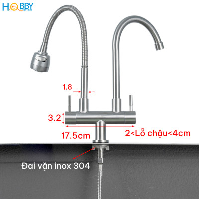 Vòi rửa chén lạnh 2 đầu xả vòi tăng áp inox 304 HOBBY Home Decor LX2D