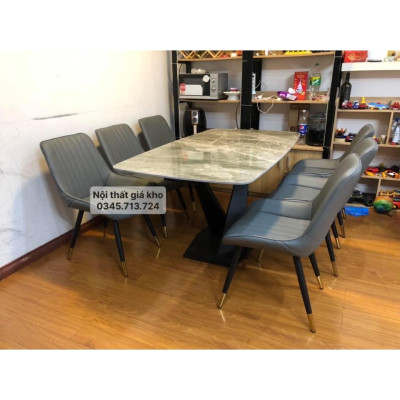 Bàn ăn mặt đá ceramic bóng chân chéo chữ X kết hợp ghế loft