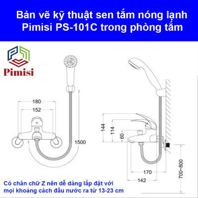 Vòi hoa sen tắm nóng lạnh Pimisi bằng đồng thau, mạ crom-niken sáng bóng dùng trong nhà tắm, điều chỉnh nước bằng gật gù nóng lạnh gắn tường đầy đủ đế cài tay sen - bát sen tắm tăng áp - dây sen mạ inox bóng mềm - chân nối chữ Z | Hàng chính hãng