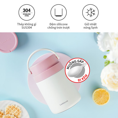 Hộp cơm giữ nhiệt Lock&Lock màu hồng LHC8042PIK 700ml - Hàng chính hãng, 2 ngăn kèm muỗng inox - JoyMall