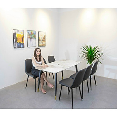 Bộ bàn ghế phòng ăn Tundo mặt đá vân mây chân mạ đồng, kèm 6 ghế 