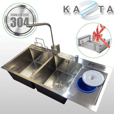 Combo Chậu Kèm Vòi Rửa Chén Bát Inox Kazta CB10048H - Chậu có hố rác đủ xi phông, vòi thân vuông, khay cài dao thớt, vòi hút xà phòng, rổ rút gác chậu