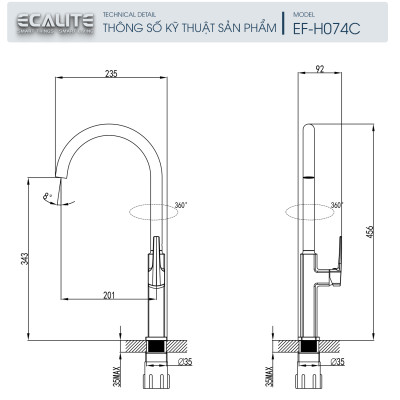 Vòi rửa chén nóng lạnh Ecalite EF-H074C - Đồng thau mạ chrome - Hàng chính hãng