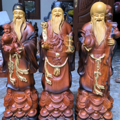 Bộ tượng phật tam đa phúc lộc thọ bằng gỗ hương đá tô làm mầu giả cổ kt 50×16×13cm