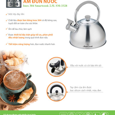 Ấm Đun Nước Siêu Tốc Bằng inox 304 Elmich Smartcook SM-3328 (Có Còi Báo Khi Nước Sôi) - Hàng Chính Hãng