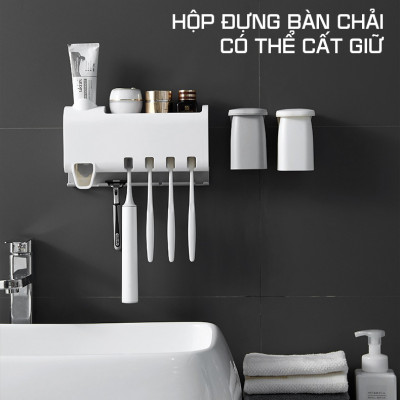 Kệ Đựng Bàn Chải Thông Minh Tự Động Lấy Kem Đánh Răng Kèm 2 Cốc Nam Châm Cao Cấp - Hàng Nhập Khẩu