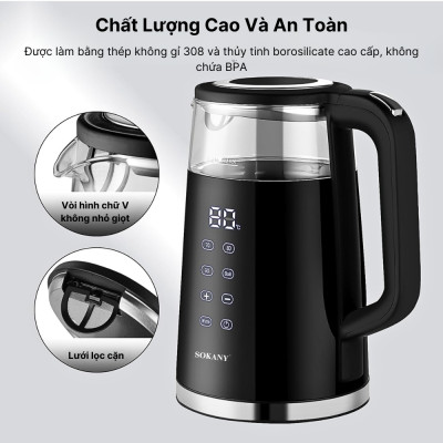Ấm đun nước siêu tốc SOKANY SK-09050, Ấm đun nước giữ nhiệt dung tích 1.7L, hâm nước pha sữa, điều chỉnh, hiển thị nhiệt - HÀNG CHÍNH HÃNG