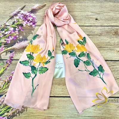 Khăn Quấn Cổ Lụa Tơ Tằm Thời Trang Vẽ Tay Cúc Vàng SenSilk Limited, Silk Painting Scarves 180 x 55cm, Quà Tặng Sinh Nhật Mẹ