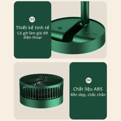Quạjt Tích Điện Để Bàn Mijni Gấp Gọn: 3 Tốc Độ, Xoay 360 Độ, Pin Dung Lượng Lớn, ĐÈN TRANG TRÍ