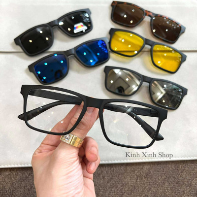 Kính Mắt Rân Cận, Gọng Kính Cận Mắt Vuông Clip On Nhiều Tròng 6in1 Gọng Ultem Màu Đen Đi Ngày Và Đêm
