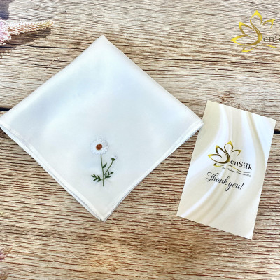 Khăn Tay Thêu Cúc Họa Mi SenSilk 35 x 35 cm - Embroidered Handkerchief Silk, Lụa Tơ Tằm Bảo Lộc Cao Cấp made in Vietnam