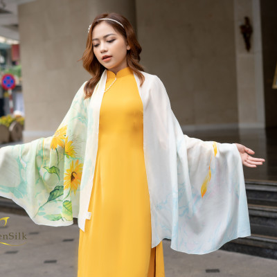 Khăn Lụa Vẽ Tay Thủy Ấn Hoa Mặt Trời SenSilk – Quà Tặng Nguyên Thủ, Khăn Lụa Handmade