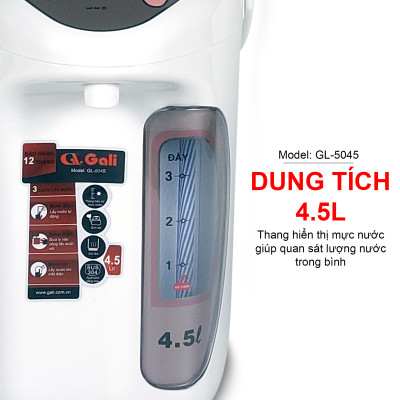 Bình thủy điện Gali GL-5045 dung tích 4.5 lít, phích cấu tạo 2 lớp thân ngoài nhựa, ruột inox 304, hàng chính hãng 100% Gali, bảo hành 24 tháng