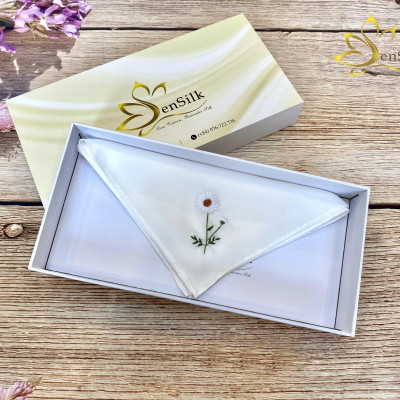Khăn Tay Thêu Cúc Họa Mi SenSilk 35 x 35 cm - Embroidered Handkerchief Silk, Lụa Tơ Tằm Bảo Lộc Cao Cấp made in Vietnam