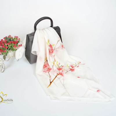 Khăn Lụa Tơ Tằm Vẽ Hoa Đào - SenSilk - Quà Tết Truyền Thống Việt Nam, Phụ Kiện Thời Trang Nữ Cao Cấp 160x55cm, Silk Painting Scarves, Tinh Hoa Làng Nghề, Top Fashionista Scarf For Women 