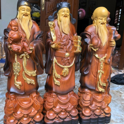 Bộ tượng phật tam đa phúc lộc thọ bằng gỗ hương đá tô làm mầu giả cổ kt 40×13×11cm