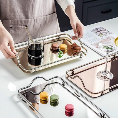 Khay kệ đựng ấm chén cốc tách ly bình nước bằng inox vàng hồng đẹp cao cấp chữ nhật 34x20cm