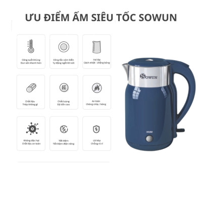 Ấm Siêu Tốc Chính Hãng SOWUN SW1601 1.8L, Chất Liệu INOX Nguyên Khối, Công Suất 1800W Đun Sôi Nước Nhanh